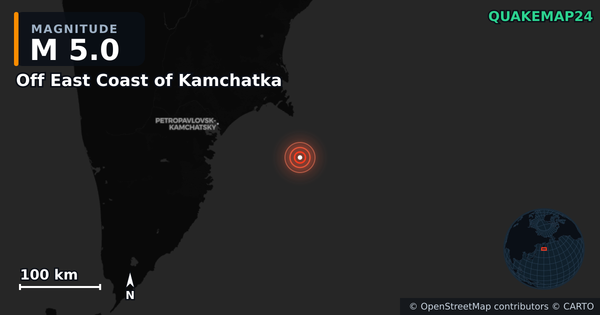 M5.0 earthquake near Off East Coast of Kamchatka on Sep 19, 2025 — map of epicenter and shaking intensity | QuakeMap24