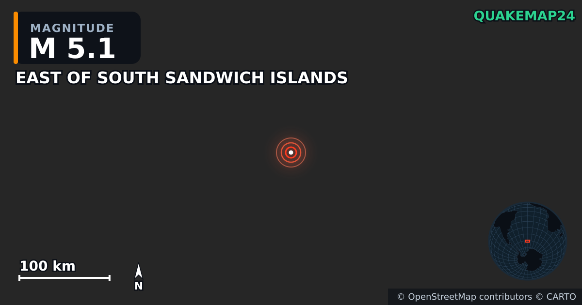 Terremoto de M5,1 cerca de EAST OF SOUTH SANDWICH ISLANDS · 2025-06-20 — Mapa de la ubicación del epicentro