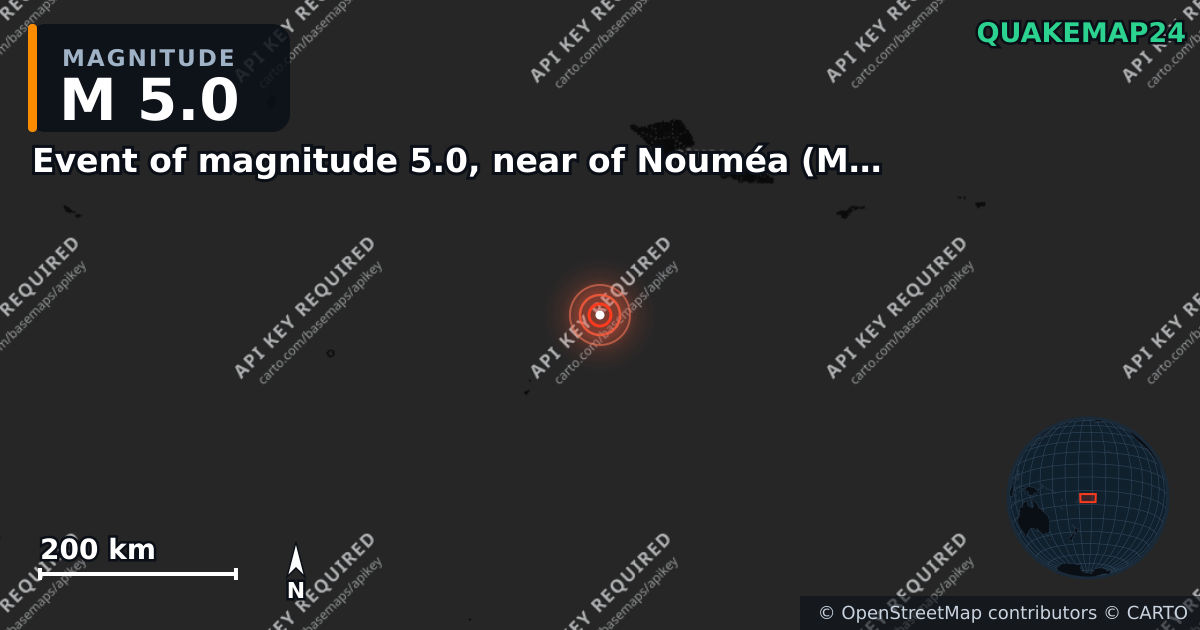 M5.0 earthquake near Event of magnitude 5.0, near of Nouméa (Monde) on Feb 10, 2026 — map of epicenter and shaking intensity | QuakeMap24