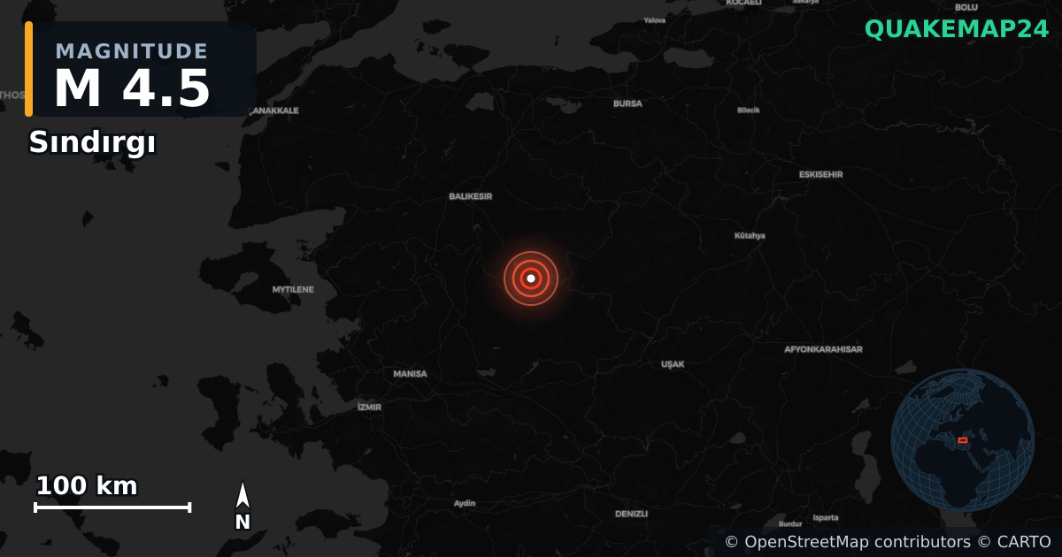 M4.5 earthquake near Sındırgı on Jan 21, 2026 — map of epicenter and shaking intensity | QuakeMap24