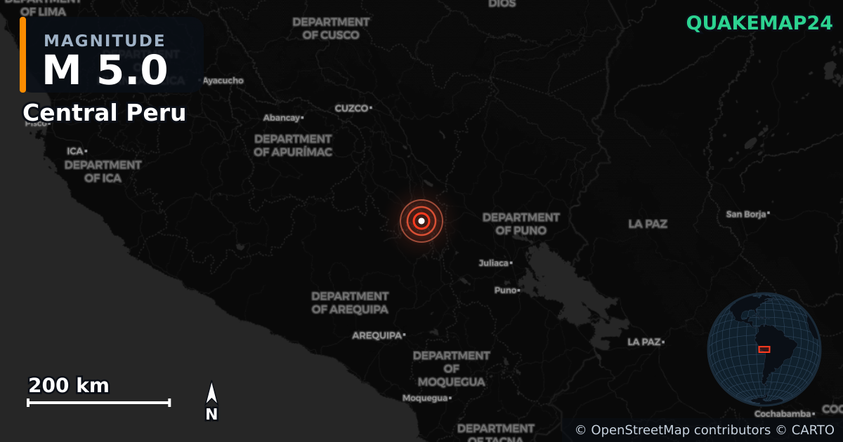 M5.0 earthquake near Central Peru on Mar 12, 2026 — map of epicenter and shaking intensity | QuakeMap24