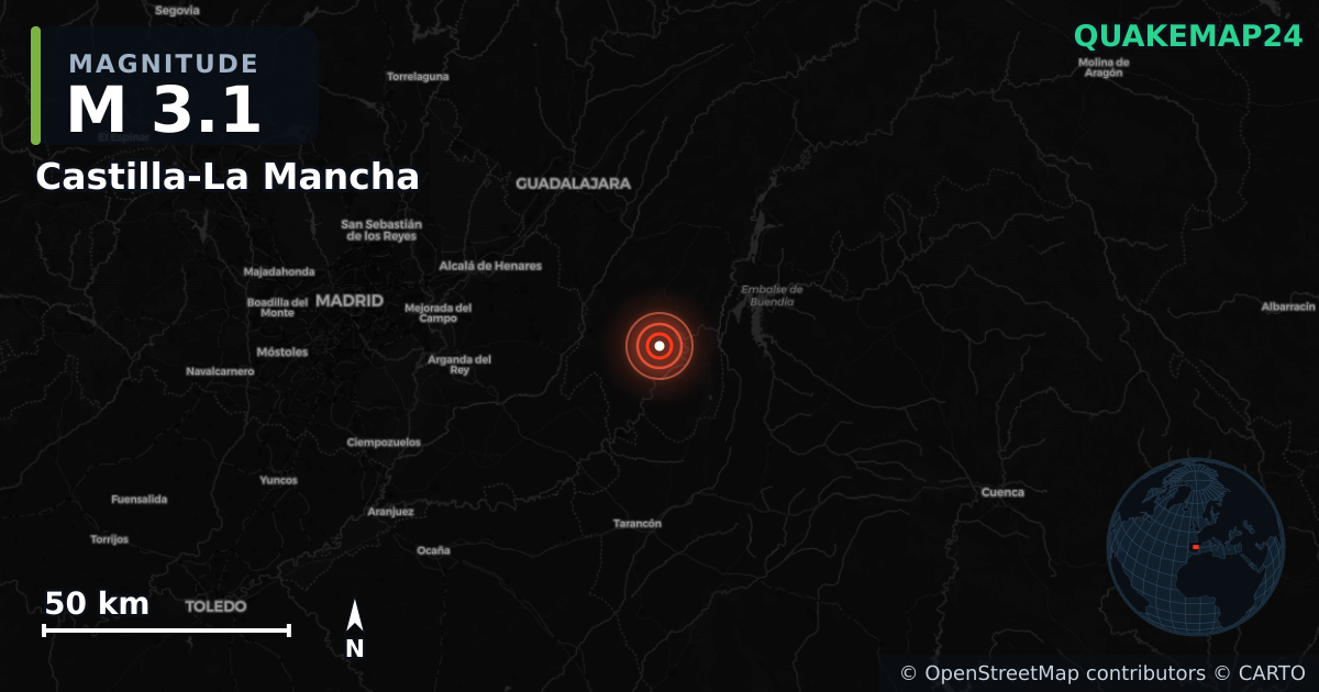 M3.1 earthquake near Castilla-La Mancha on Dec 27, 2025 — map of epicenter and shaking intensity | QuakeMap24