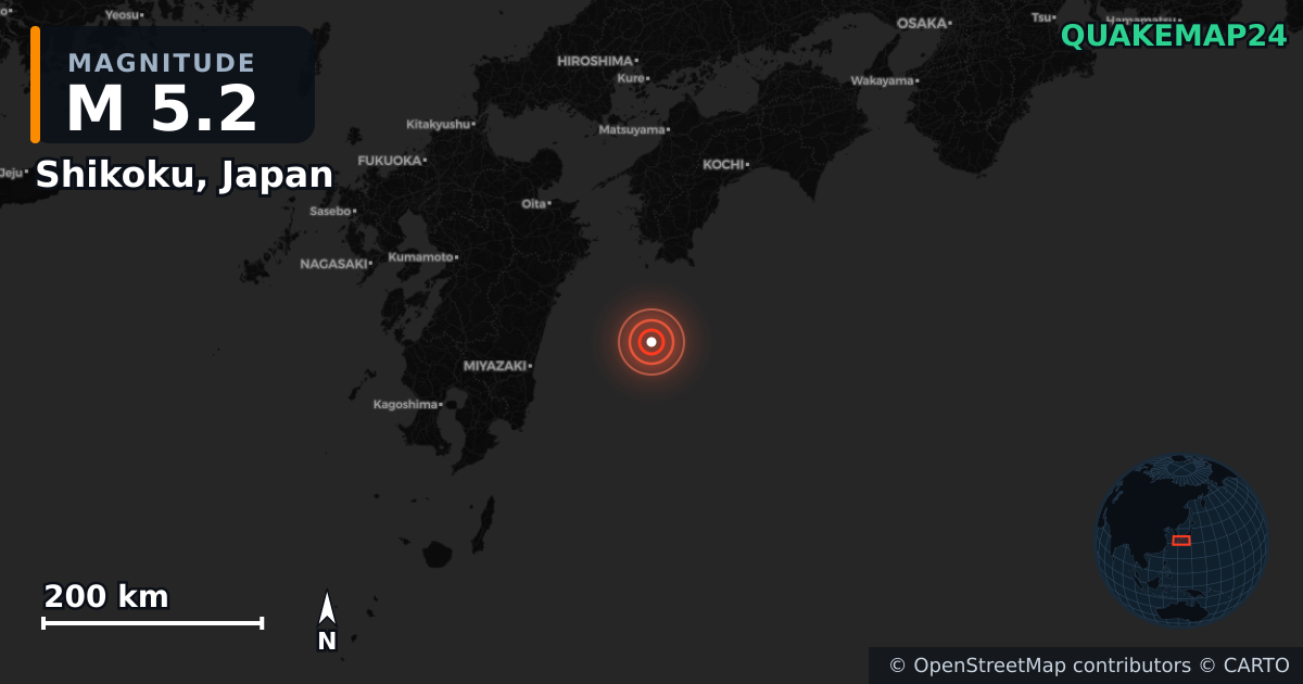 Erdbeben M5,2 bei Shikoku, Japan — Karte der Lage des Epizentrums