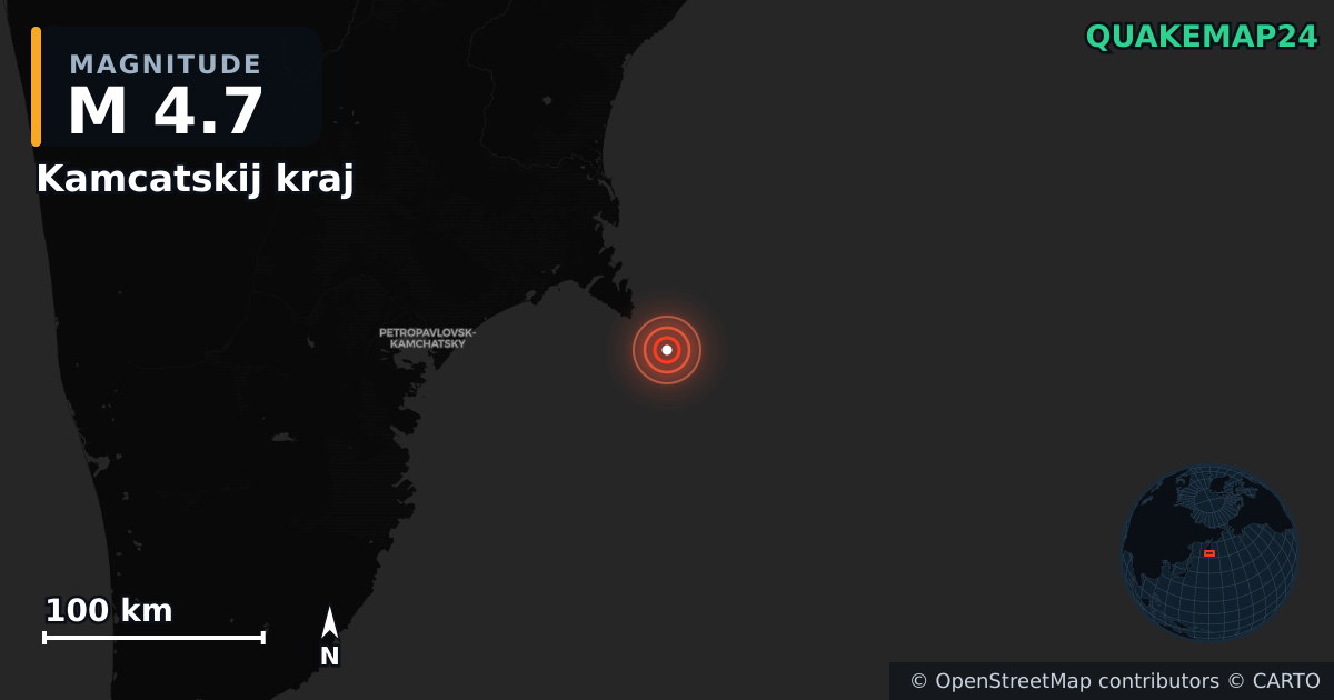 M4.7 earthquake near Kamcatskij kraj on Jul 20, 2025 — map of epicenter and shaking intensity | QuakeMap24
