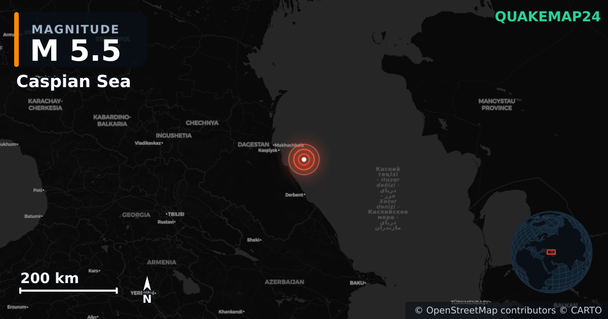 M5.5 earthquake near Caspian Sea on Aug 26, 2025 — map of epicenter and shaking intensity | QuakeMap24