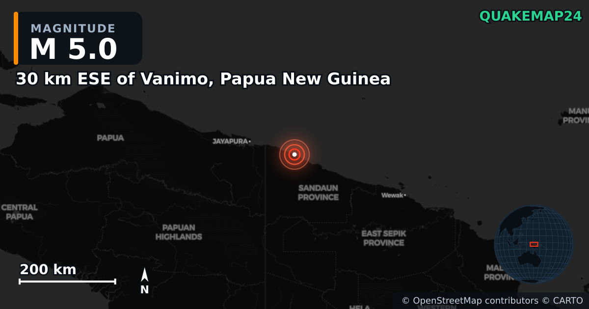 M5.0 earthquake near 30 km ESE of Vanimo, Papua New Guinea on Jan 15, 2025 — map of epicenter and shaking intensity | QuakeMap24