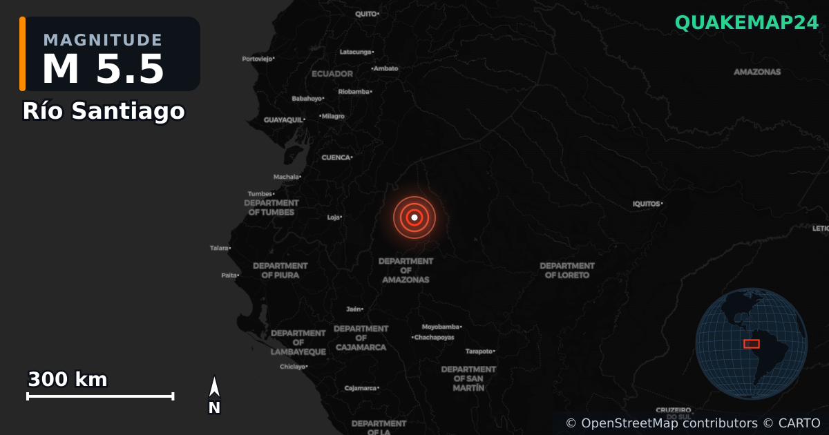 M5.5 earthquake near Río Santiago on Jan 8, 2026 — map of epicenter and shaking intensity | QuakeMap24