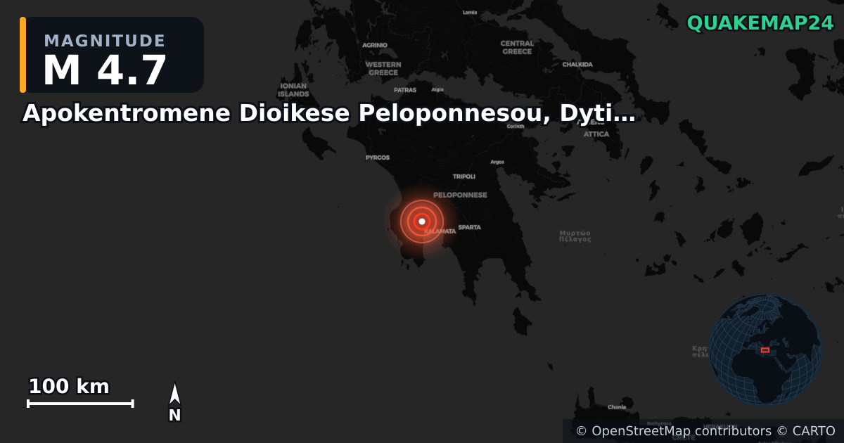 M4.7 earthquake near Apokentromene Dioikese Peloponnesou, Dytikes Elladas kai Ioniou on Aug 7, 2025 — map of epicenter and shaking intensity | QuakeMap24