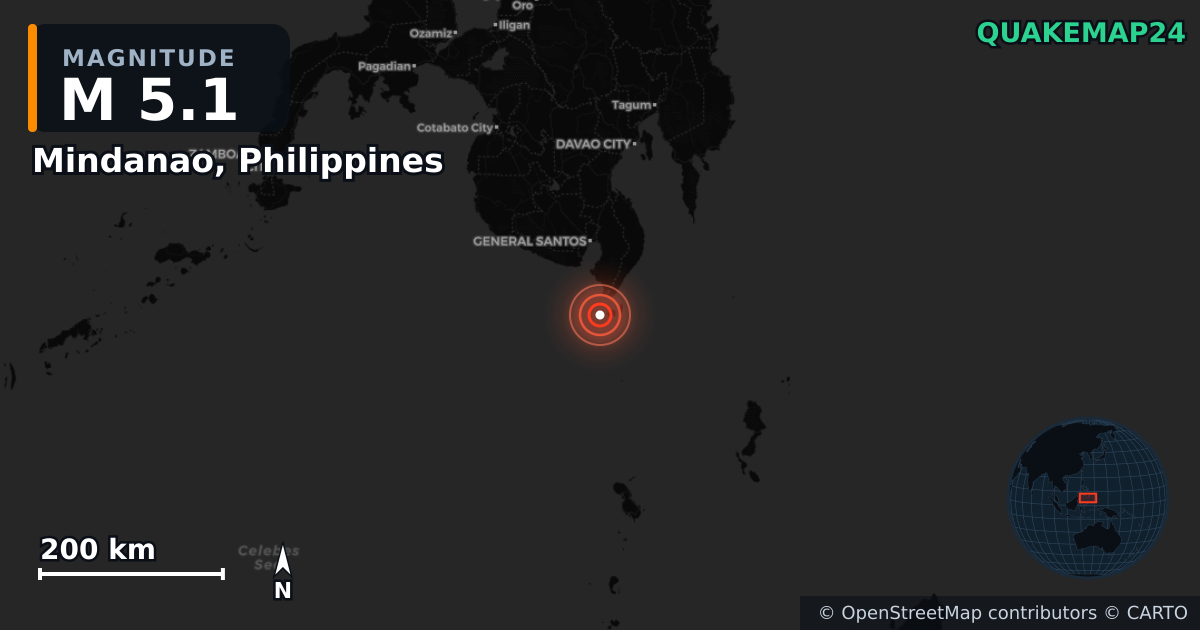 Σεισμός M5,1 κοντά στο Mindanao, Philippines — Χάρτης της θέσης του επικέντρου