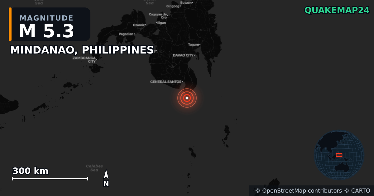 M5.3 earthquake near MINDANAO, PHILIPPINES on Jun 8, 2026 — map of epicenter and shaking intensity | QuakeMap24
