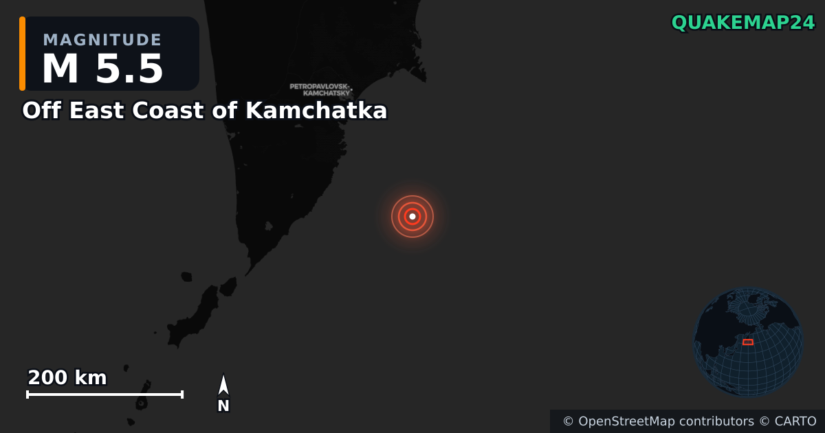 M5.5 earthquake near Off East Coast of Kamchatka on Oct 3, 2025 — map of epicenter and shaking intensity | QuakeMap24