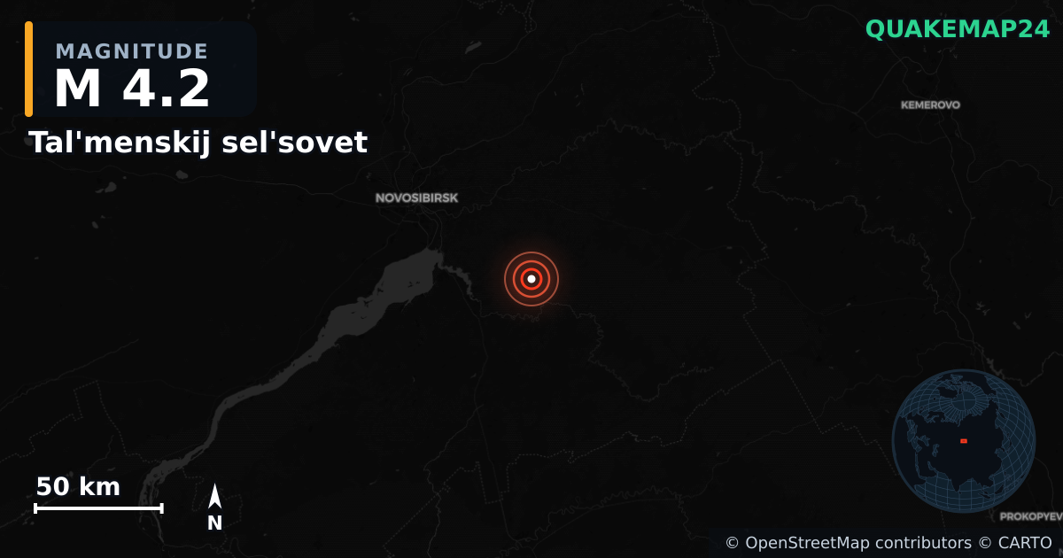 M4.2 earthquake near Tal'menskij sel'sovet on May 13, 2026 — map of epicenter and shaking intensity | QuakeMap24