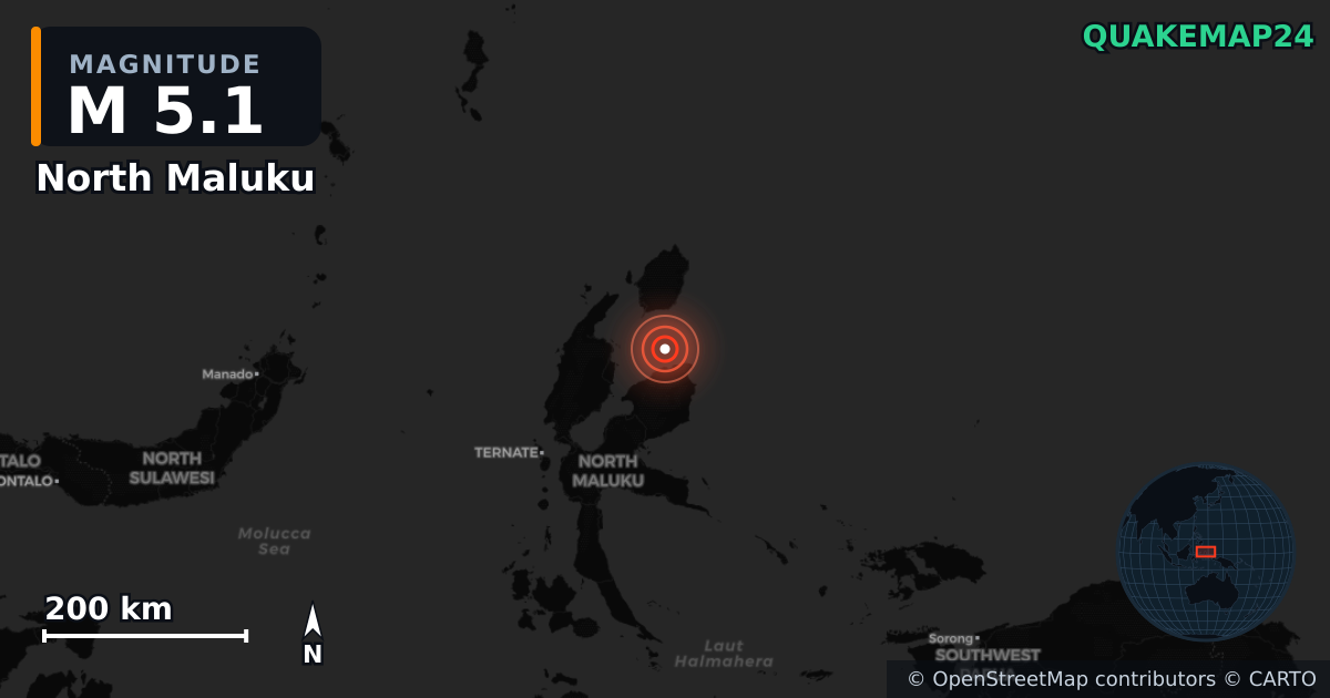 M5.1 earthquake near North Maluku on Aug 11, 2026 — map of epicenter and shaking intensity | QuakeMap24