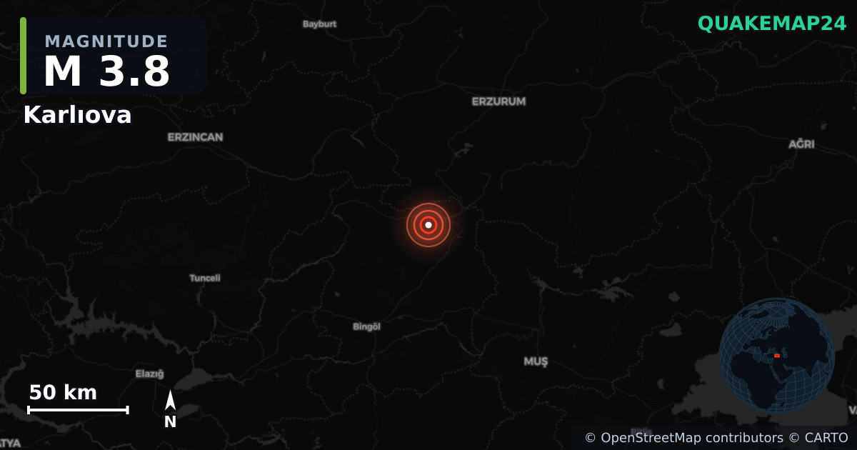 M3.8 earthquake near Karlıova on Nov 8, 2025 — map of epicenter and shaking intensity | QuakeMap24