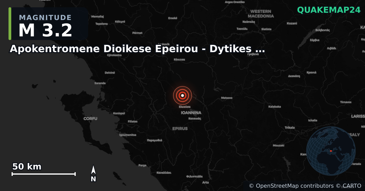 M3.2 earthquake near Apokentromene Dioikese Epeirou - Dytikes Makedonias on May 12, 2025 — map of epicenter and shaking intensity | QuakeMap24
