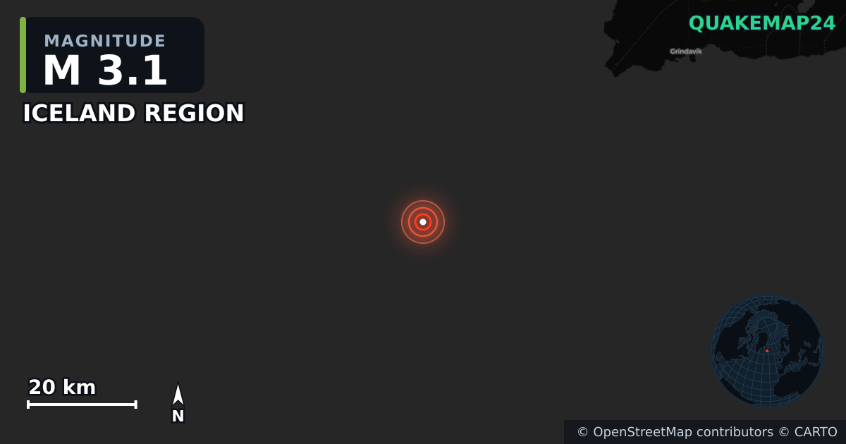 M3.1 earthquake near ICELAND REGION on Jul 7, 2025 — map of epicenter and shaking intensity | QuakeMap24