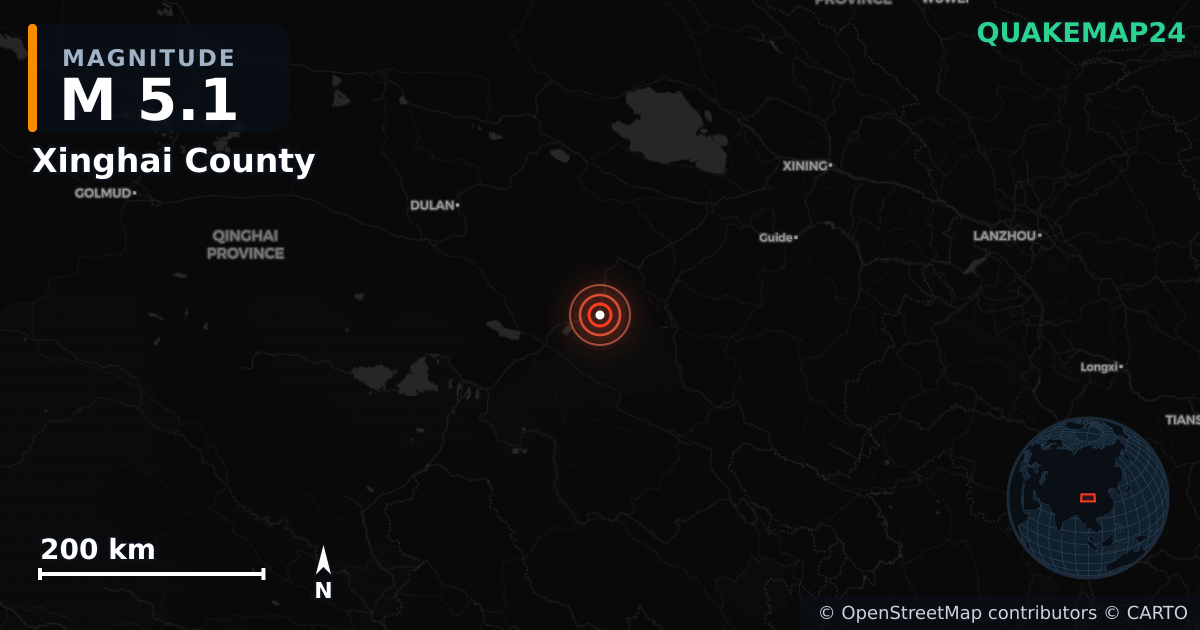 M5.1 earthquake near Xinghai County on Jul 28, 2026 — map of epicenter and shaking intensity | QuakeMap24
