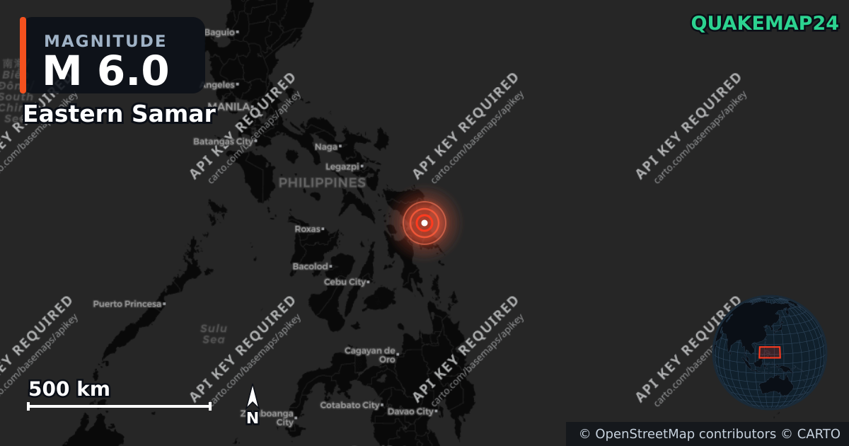 M6.0 earthquake near Eastern Samar on May 4, 2026 — map of epicenter and shaking intensity | QuakeMap24