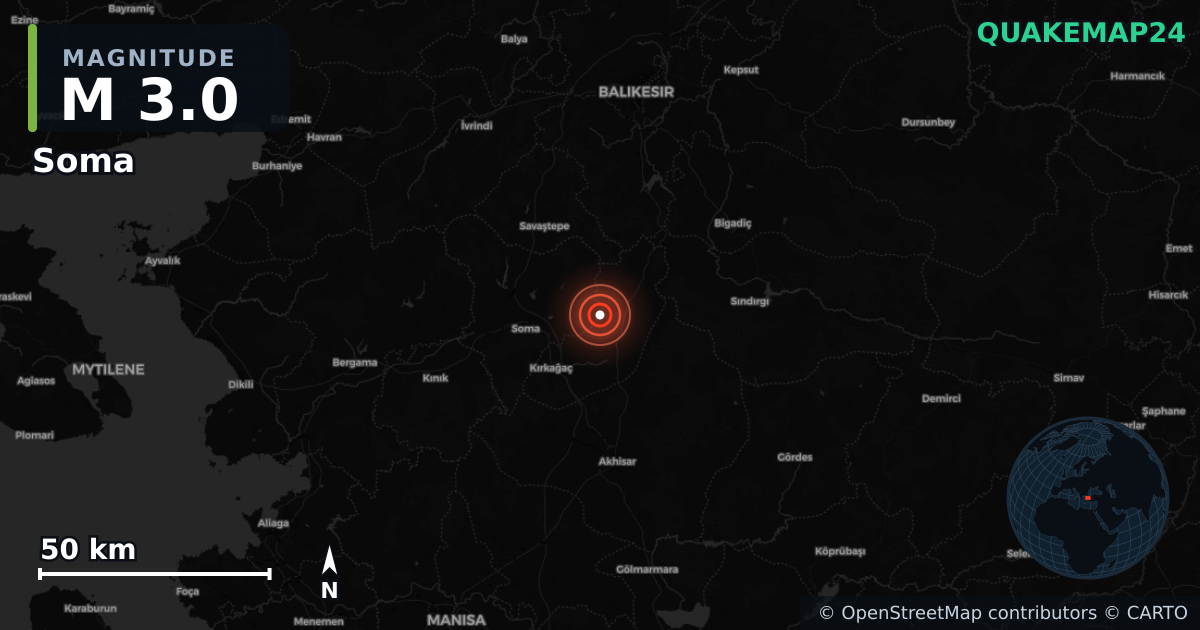M3.0 earthquake near Soma on Oct 29, 2025 — map of epicenter and shaking intensity | QuakeMap24