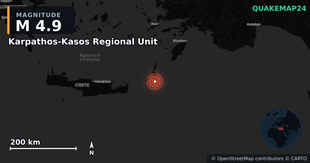 Erdbeben M4,9 bei Karpathos-Kasos Regional Unit, South Aegean (Griechenland) — Karte der Lage des Epizentrums