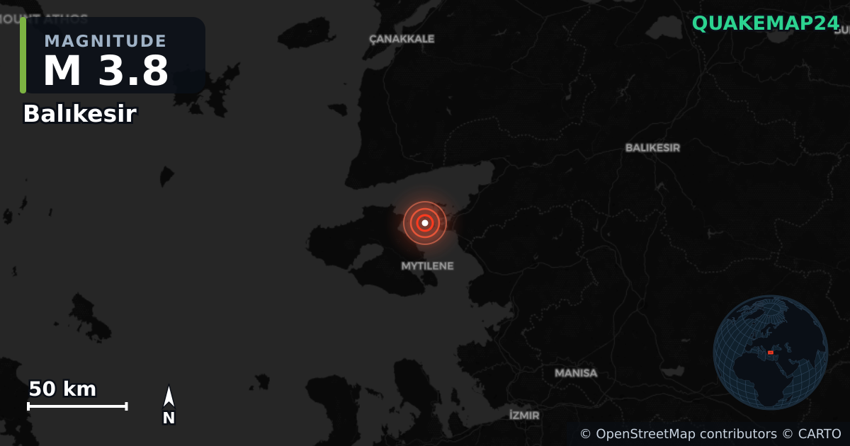 Sismo de M3,8 perto de Balıkesir (Turquia) · 2026-06-27 — Mapa da localização do epicentro
