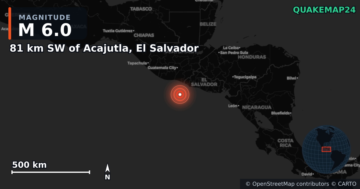 M6.0 earthquake near 81 km SW of Acajutla, El Salvador on Aug 23, 2025 — map of epicenter and shaking intensity | QuakeMap24
