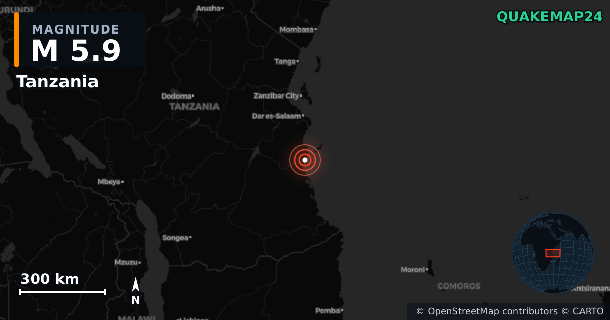M5.9 earthquake near Tanzania on Jan 20, 2026 — map of epicenter and shaking intensity | QuakeMap24