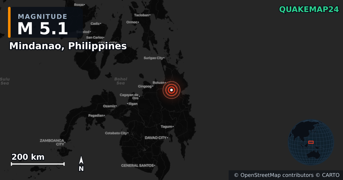 Σεισμός M5,1 κοντά στο Mindanao, Philippines — Χάρτης της θέσης του επικέντρου