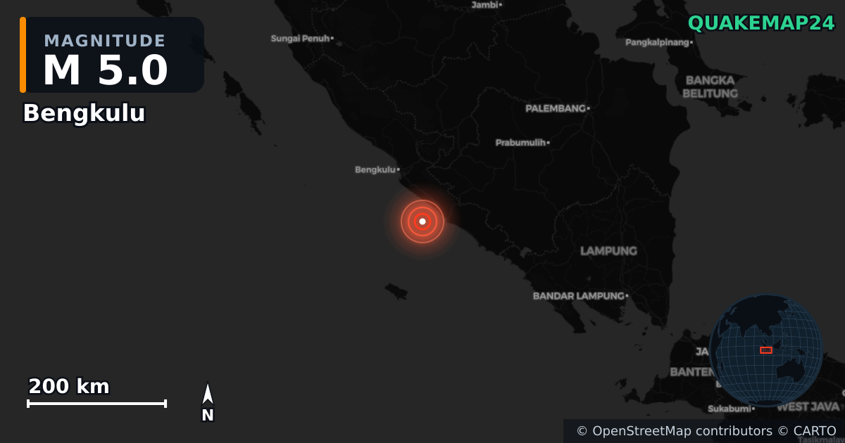 M5.0 earthquake near Bengkulu on Dec 24, 2025 — map of epicenter and shaking intensity | QuakeMap24