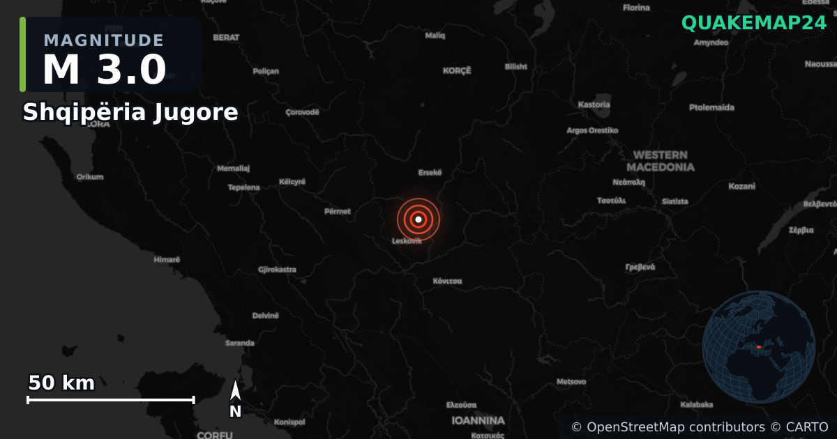 M3.0 earthquake near Shqipëria Jugore on Jul 18, 2025 — map of epicenter and shaking intensity | QuakeMap24