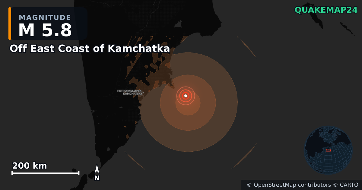 M5.8 earthquake near Off East Coast of Kamchatka on Jun 20, 2026 — map of epicenter and shaking intensity | QuakeMap24