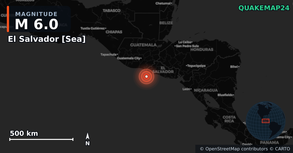 M6.0 earthquake near El Salvador [Sea] on Aug 23, 2025 — map of epicenter and shaking intensity | QuakeMap24