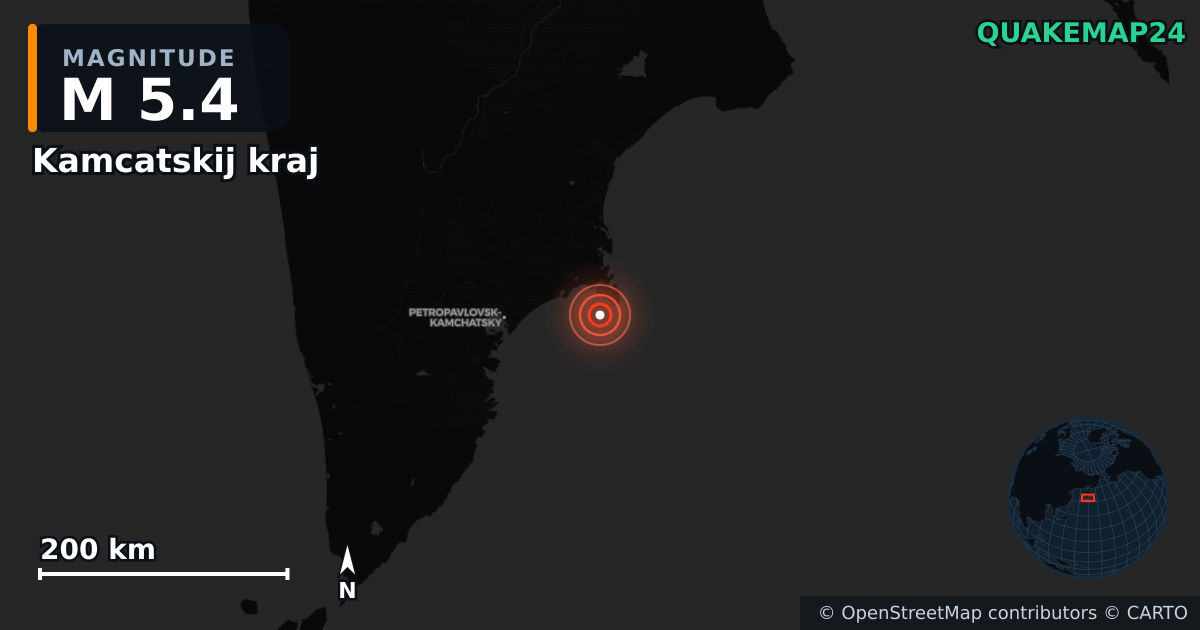 M5.4 earthquake near Kamcatskij kraj on Sep 20, 2025 — map of epicenter and shaking intensity | QuakeMap24