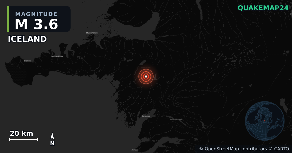 M3.6 earthquake near ICELAND on May 8, 2025 — map of epicenter and shaking intensity | QuakeMap24