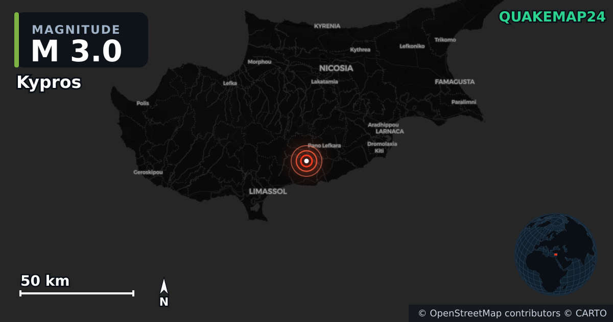 M3.0 earthquake near Kypros on Dec 22, 2025 — map of epicenter and shaking intensity | QuakeMap24