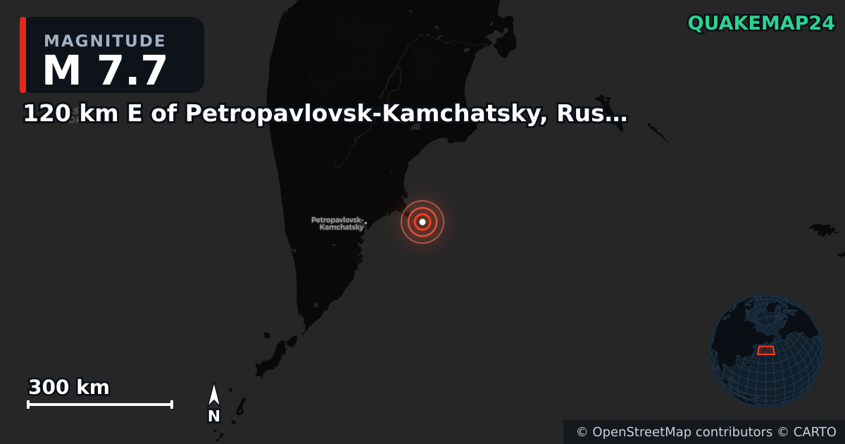 M7.7 earthquake near 120 km E of Petropavlovsk-Kamchatsky, Russia on Sep 13, 2025 — map of epicenter and shaking intensity | QuakeMap24
