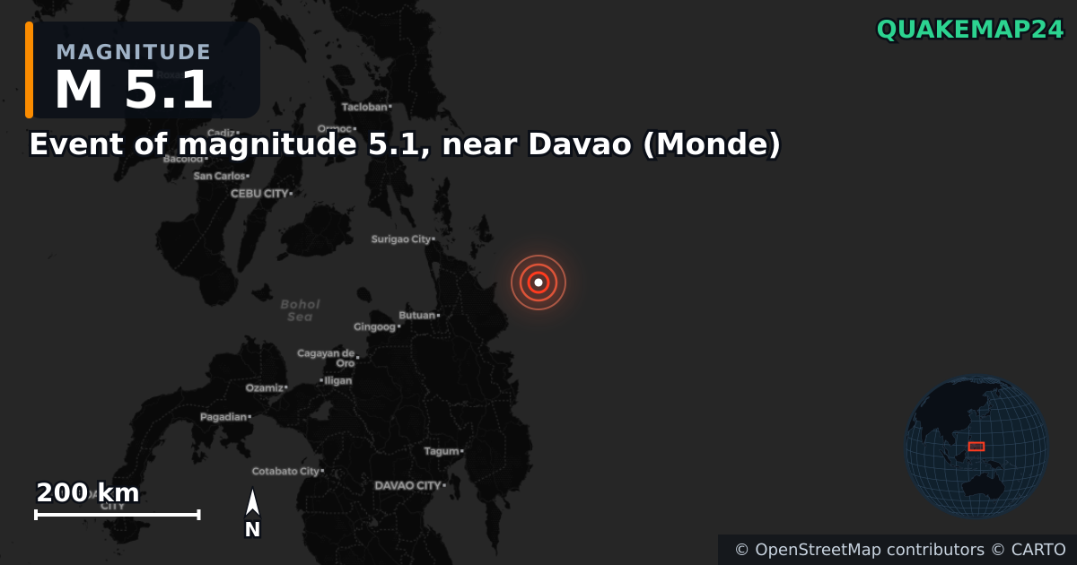 Event of magnitude 5.1, near Davao (Monde) yakınında M5,1 deprem — Deprem merkez üssünün konumunu gösteren harita