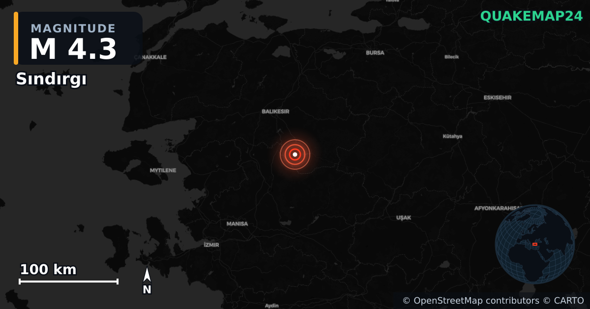 M4.3 earthquake near Sındırgı on Aug 19, 2025 — map of epicenter and shaking intensity | QuakeMap24