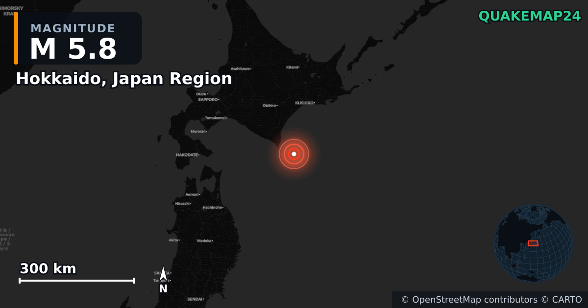 M5.8 earthquake near Hokkaido, Japan Region on Jun 1, 2025 — map of epicenter and shaking intensity | QuakeMap24