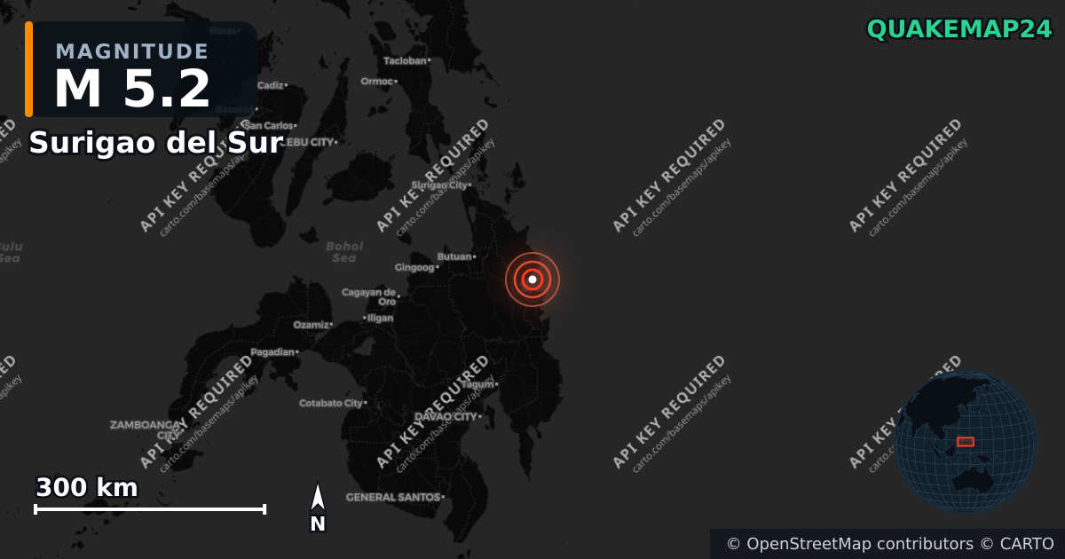 M5.2 earthquake near Surigao del Sur on Aug 22, 2025 — map of epicenter and shaking intensity | QuakeMap24