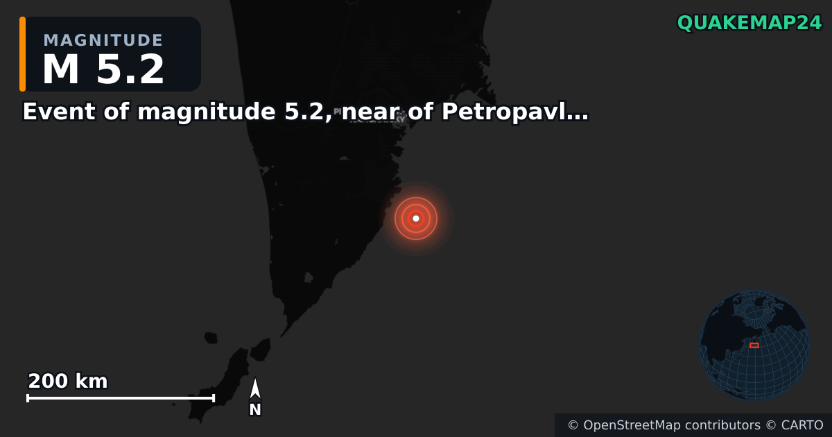 M5.2 earthquake near Event of magnitude 5.2, near of Petropavlovsk Kamchatskiy (Monde) on Sep 22, 2025 — map of epicenter and shaking intensity | QuakeMap24