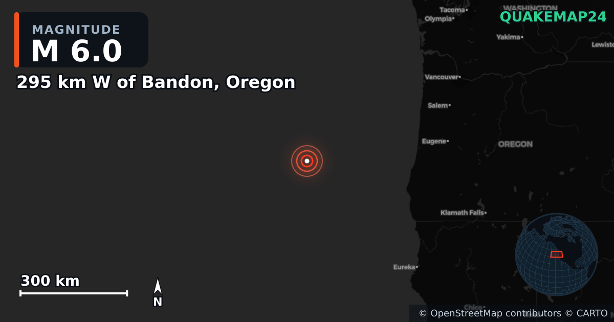Erdbeben M6,0 bei 295 km W of Bandon, Oregon · 2026-01-16 — Karte der Lage des Epizentrums