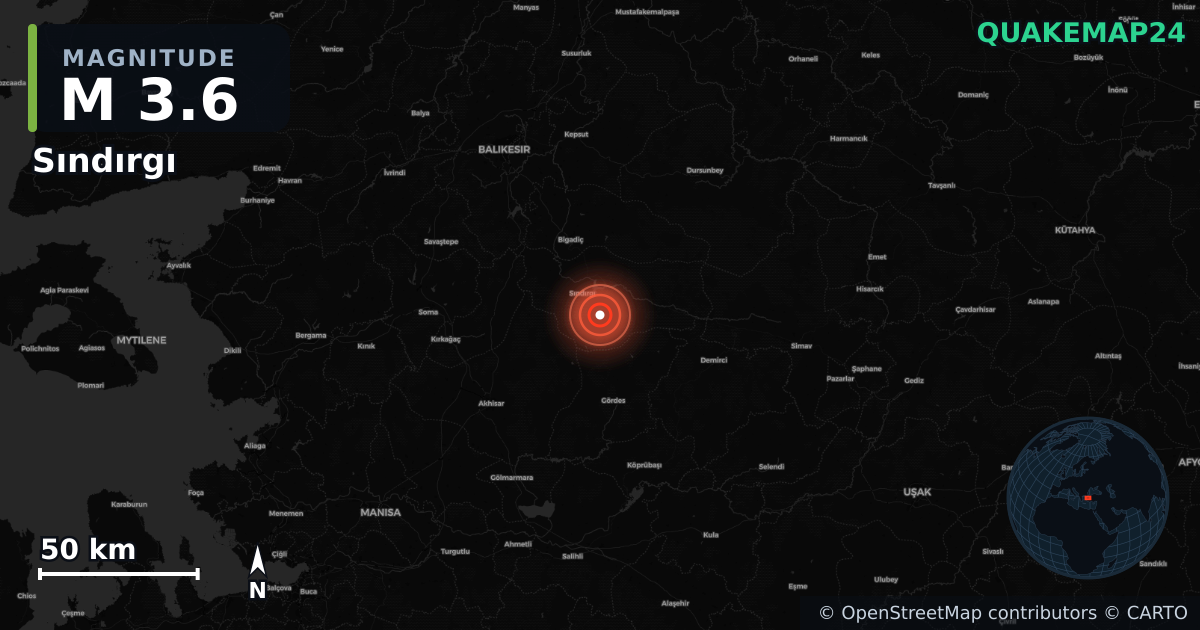 M3.6 earthquake near Sındırgı on Aug 23, 2025 — map of epicenter and shaking intensity | QuakeMap24
