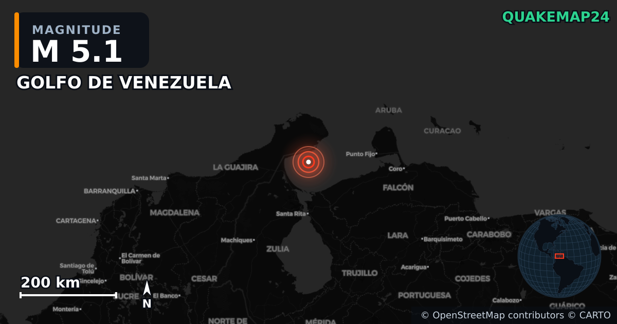 M5.1 earthquake near GOLFO DE VENEZUELA on Oct 24, 2025 — map of epicenter and shaking intensity | QuakeMap24