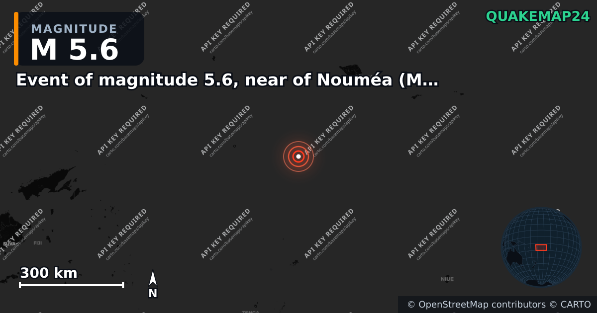 M5.6 earthquake near Event of magnitude 5.6, near of Nouméa (Monde) on Mar 8, 2026 — map of epicenter and shaking intensity | QuakeMap24
