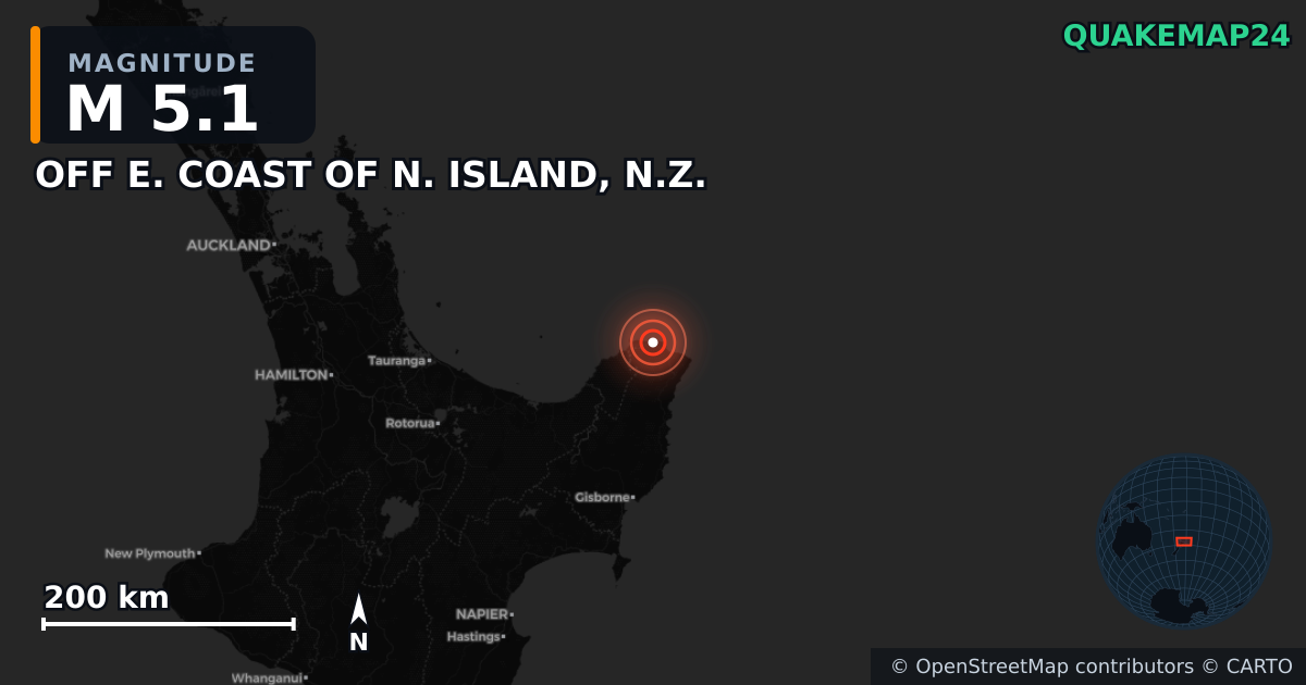 M5.1 earthquake near OFF E. COAST OF N. ISLAND, N.Z. on May 2, 2026 — map of epicenter and shaking intensity | QuakeMap24