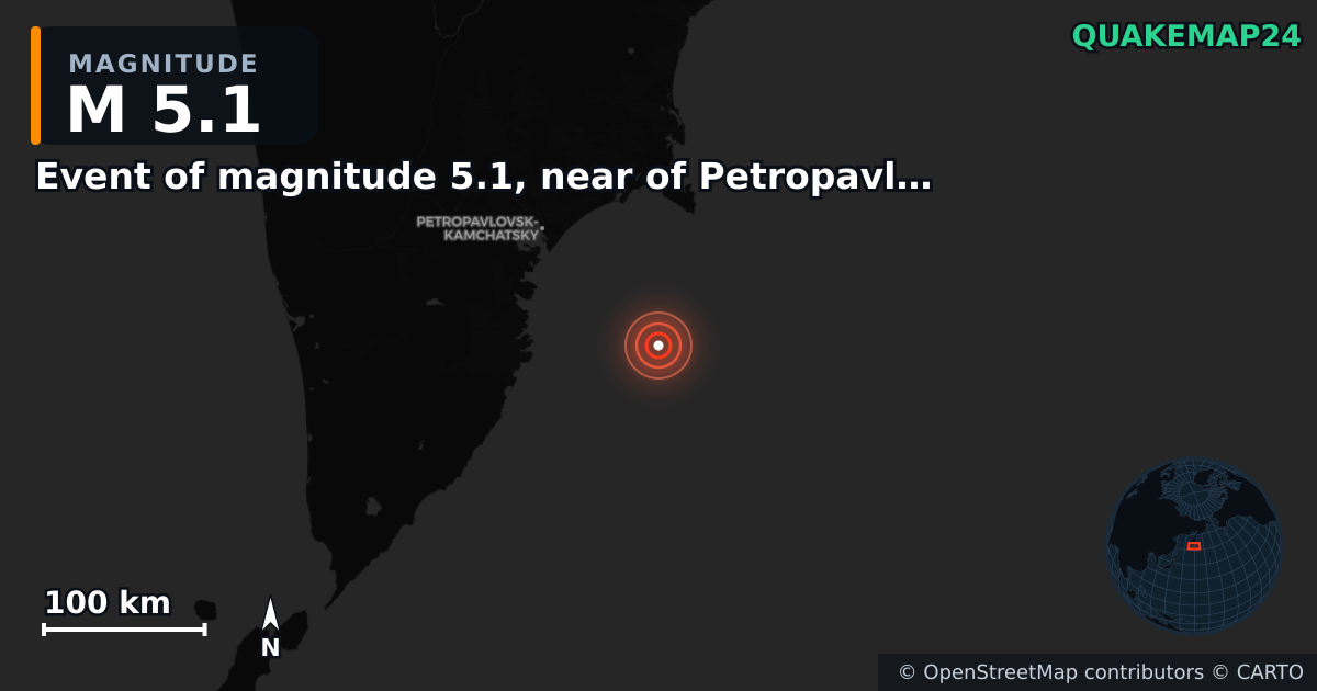 M5.1 earthquake near Event of magnitude 5.1, near of Petropavlovsk Kamchatskiy (Monde) on Nov 3, 2025 — map of epicenter and shaking intensity | QuakeMap24