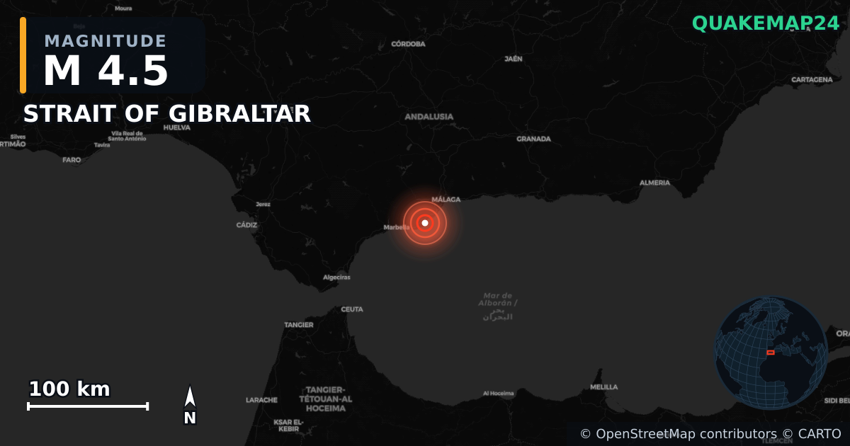 M4.5 earthquake near STRAIT OF GIBRALTAR on Dec 5, 2025 — map of epicenter and shaking intensity | QuakeMap24