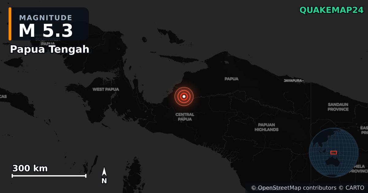 M5.3 earthquake near Papua Tengah on Oct 3, 2025 — map of epicenter and shaking intensity | QuakeMap24