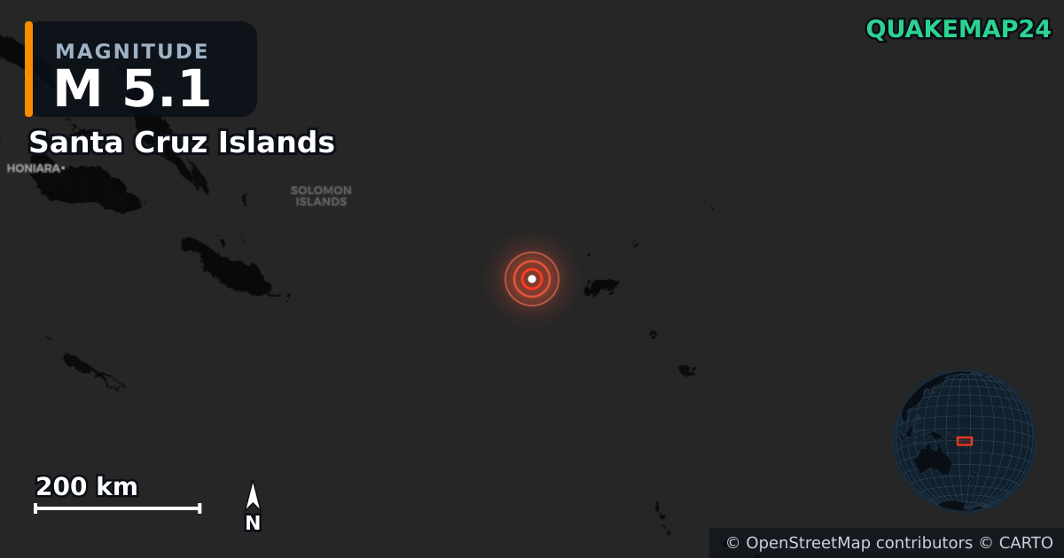 M5.1 earthquake near Santa Cruz Islands on Sep 12, 2025 — map of epicenter and shaking intensity | QuakeMap24